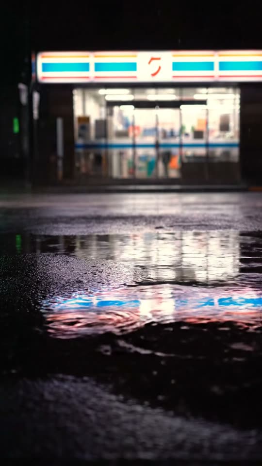 Still from the Google Veo 3.1 clip: a convenience store sign on a rainy night, reflected in a puddle