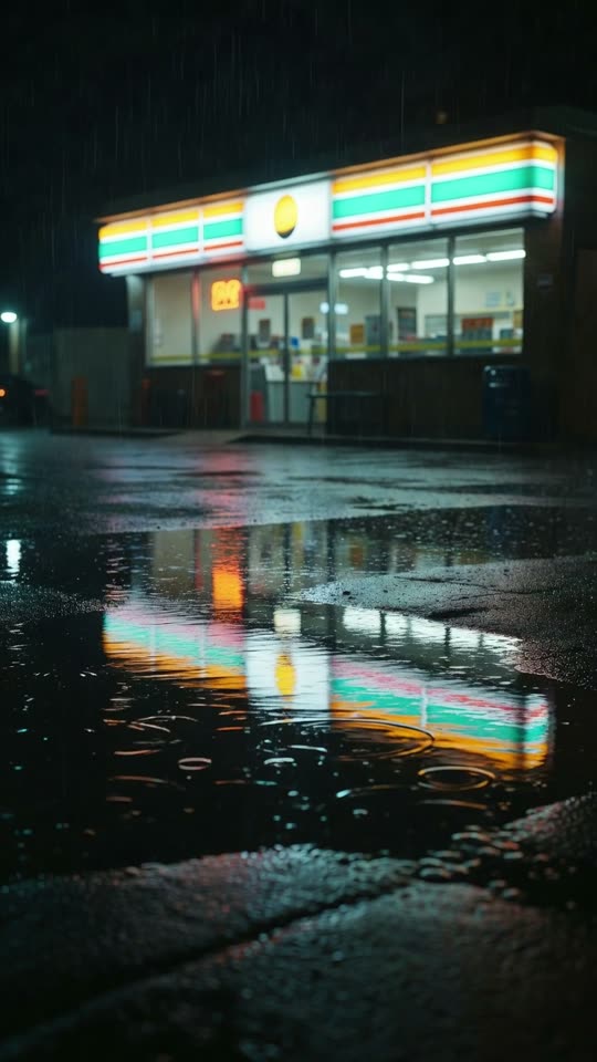 Still from the xAI Grok Imagine clip: a convenience store sign on a rainy night, reflected in a puddle