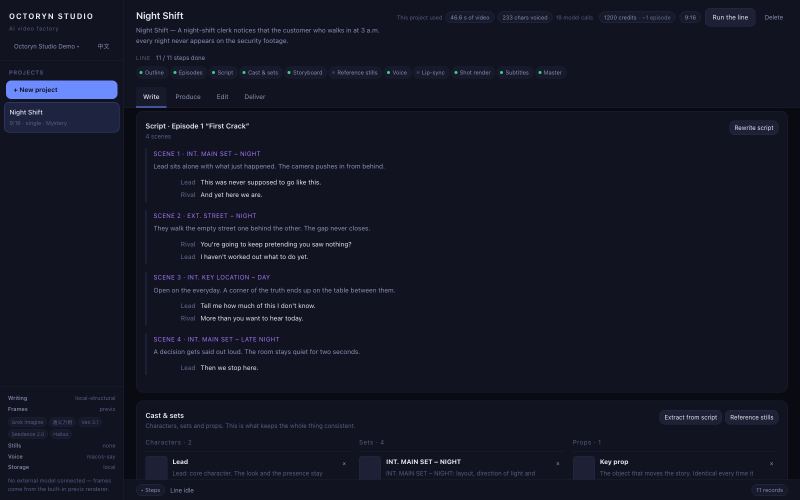 The write bench. The script opens scene by scene, and slug lines and dialogue are editable text, not a black box you can only regenerate.