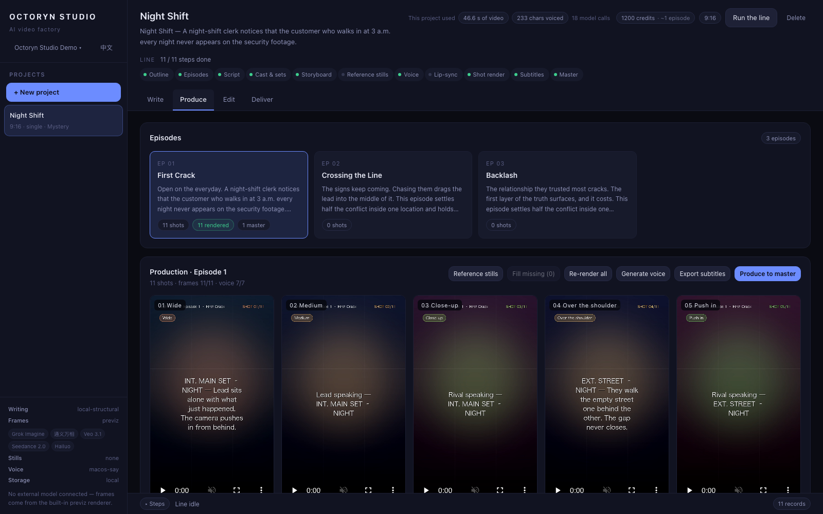 The produce bench. This episode broke down into eleven shots, each tagged with framing, duration and description. You can fill in only the ones still missing.