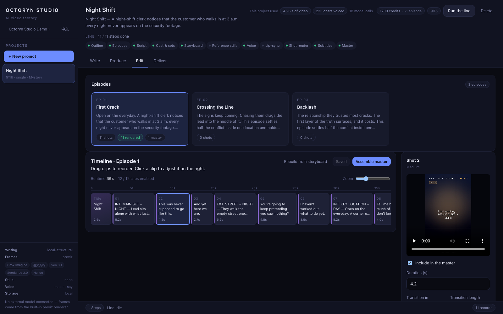 The edit bench. Twelve clips, 48 seconds of running time; select a clip to adjust it. Made a mess? Rebuild the whole timeline from the storyboard.